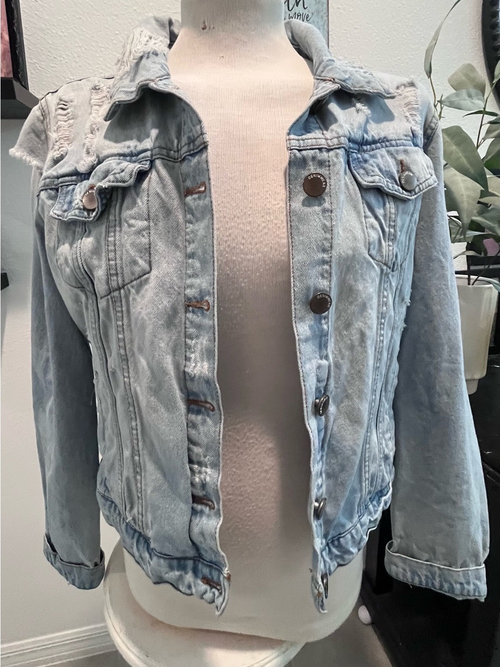 Light Blue Distressed Denim Jacket - Women